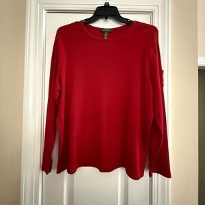 LRL Lauren red knit long sleeve top. Embroidered pocket on sleeve. Size 2X